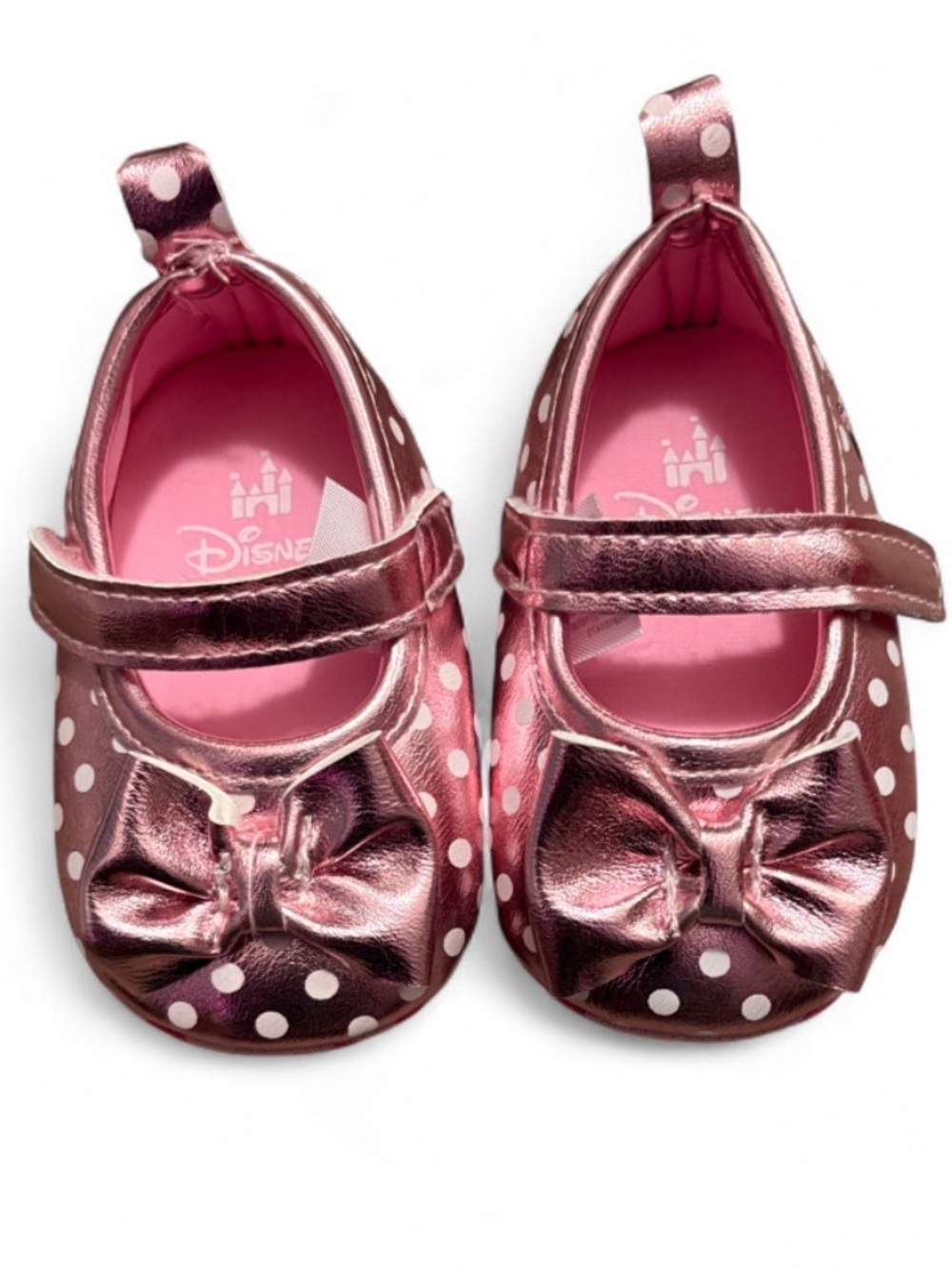 Disney Metallic Pink Polka Dot Bow Mary Jane Baby Shoes